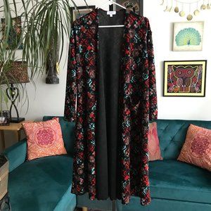 LULAROE size S Black Red Aqua Tribal Print Long Open Sarah Duster Cardigan NWT